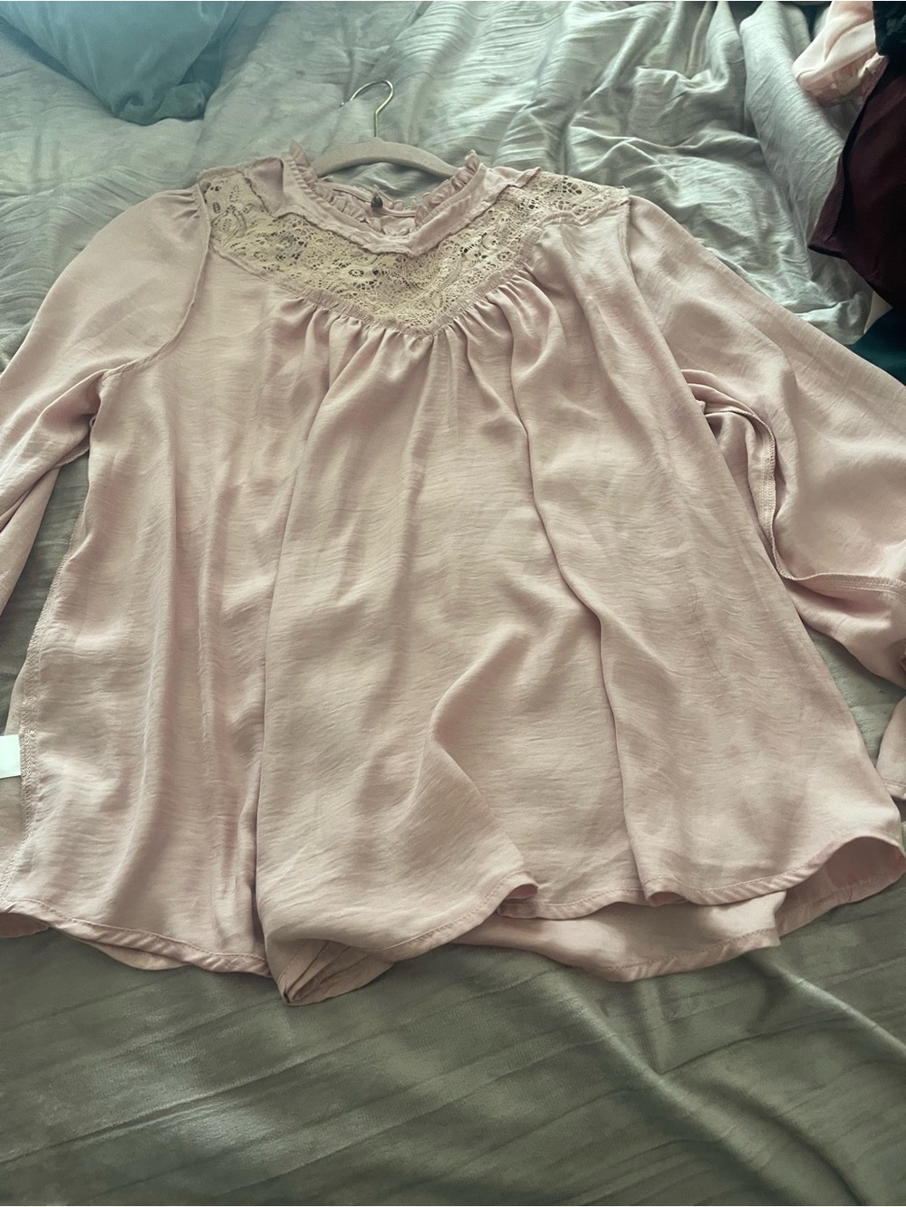 Maurices Blush Pink Lace Yoke Long Sleeve Blouse